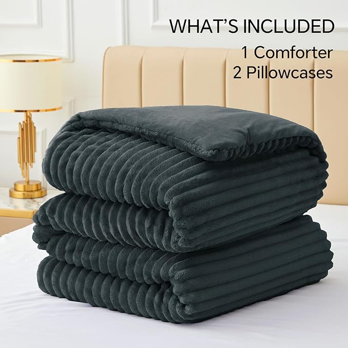 BEDELITE Fleece Queen Comforter Set -Super Soft & Warm Fluffy Dark Grey Bedding, Luxury Fuzzy Heavy Bed Set for Winter with 2 Pillow Cases