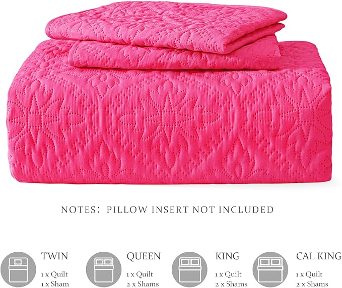 Exclusivo Mezcla Twin Quilt Bedding Set, Lightweight Soft Bedspreads Coverlets with 1 Pillow Sham, Modern Hot Pink Quilts Twin XL Size for All Seasons
