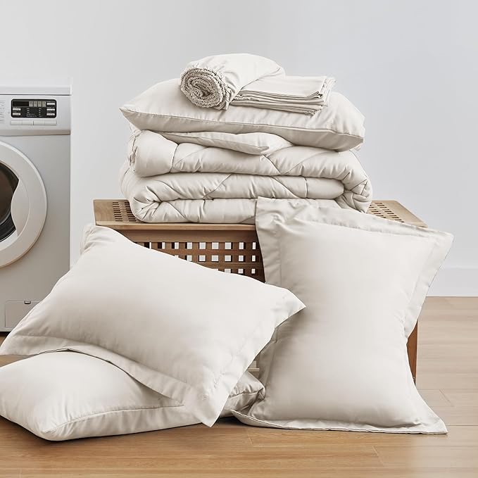 Love's cabin California King Comforter Set Off White, 7 Pieces California King Bed in a Bag, All Season Bedding Sets with 1 Comforter, 1 Flat Sheet, 1 Fitted Sheet, 2 Pillowcase and 2 Pillow Sham
