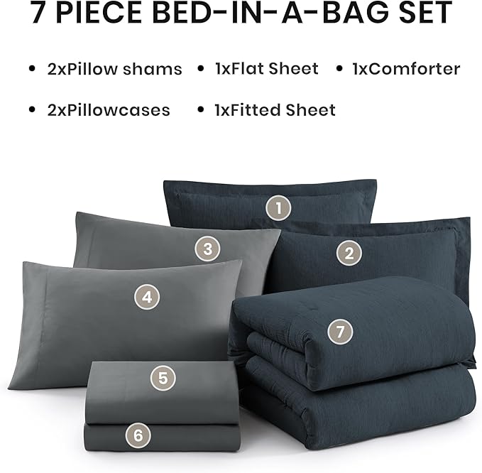 Monbix King Size Comforter Set, Navy Blue King Size Bed Set Reversible, King Comforter Set 7 Pieces, Cationic Dyeing Bed in a Bag with Comforter, Sheets, Pillowcases & Shams