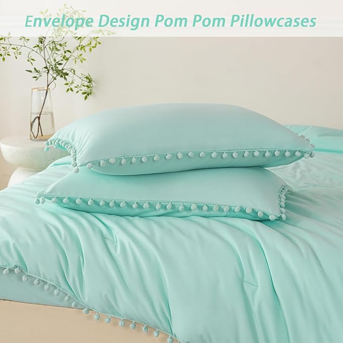 PERFEMET Mint Green Comforter Full Size 5 Piece Bed in A Bag Set Boho Pom Pom Girls Bedding Comforter Set Soft Fluffy Kids Solid Bed Set with Sheet(Mint Green, Full)