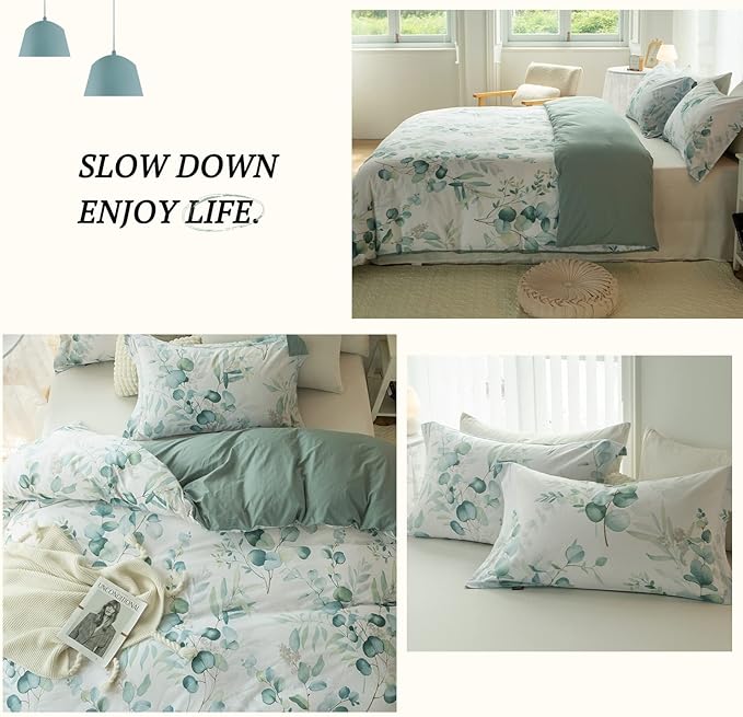 MILDLY Duvet Cover Leaf Pattern- 100% Washed Cotton Eucalyptus Printed Sage Green Comforter Cover Linen Feel Bedding Set with Zipper Closure 4 Ties Queen Size