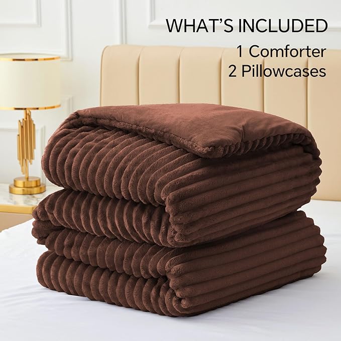 BEDELITE Fleece King Comforter Set -Super Soft & Warm Fluffy Hot Chotolate Bedding, Luxury Fuzzy Heavy Bed Set for Winter with 2 Pillow Cases