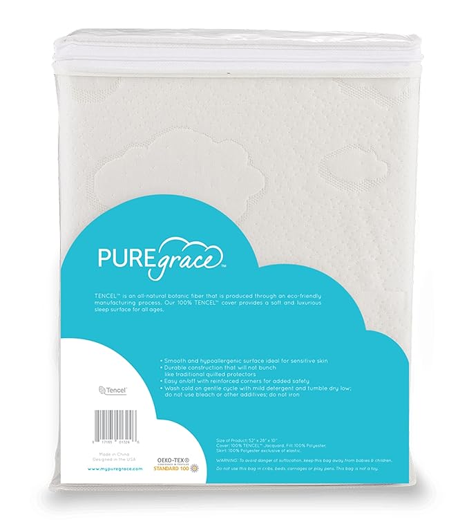 PUREgrace Tencel Crib Mattress Protector – Waterproof, Noiseless, Breathable Cover with Deep-Pocketed Corner Strap for Secure Fit