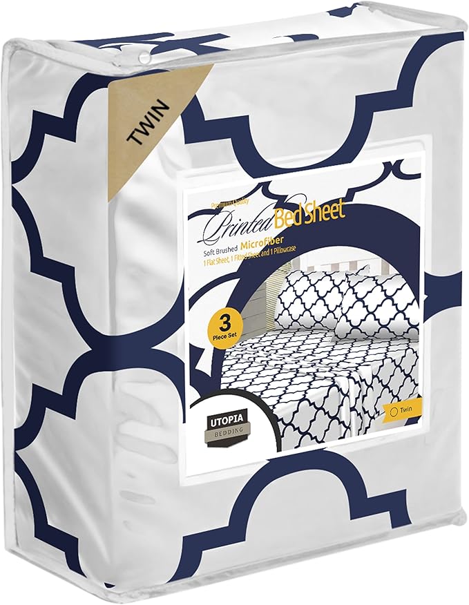 Utopia Bedding Twin Sheet Set, Soft Microfiber 3 Piece Bed Sheets with 15" Deep Pocket - Easy Care Brushed Microfiber (Quatrefoil - White)