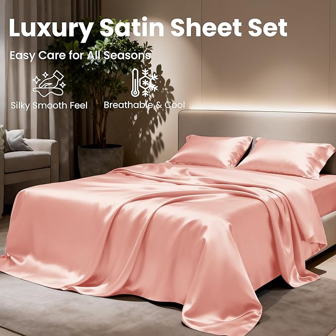 Love's cabin Satin King Sheet Sets - 4 Piece Coral Silky Sheets King Size Bed Set with Deep Pocket, Luxury Silk Feel King Size Satin Sheet Set (1 Flat Sheet,1 Fitted Sheet,2 Pillow Cases)