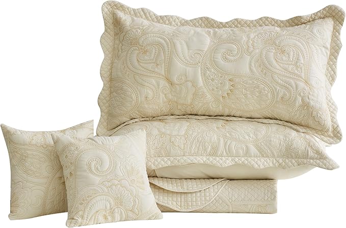 Oversized King Bedspread 138x122 Extra Wide, Paisley Pattern Design, Lightweight Bedding Cover, Reversible, 5 Piece, 100% Microfiber, California/Alaskan King, Ivory Yellow