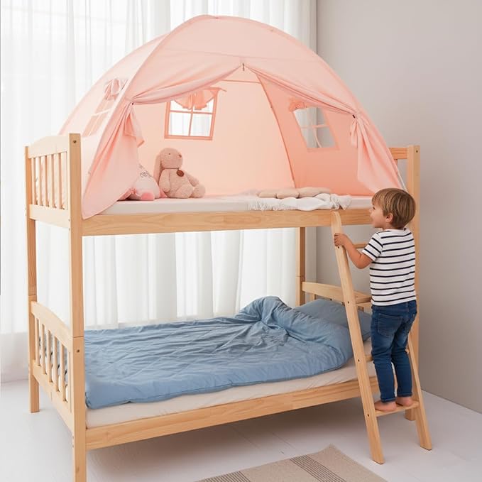 Akiky Bed Tent Bed Canopy Twin Size with Bottom,Kids Tent Indoor Floor Bed with Mushroom Lights Portable Foldable Bunk Bed Curtains for Girls Boys(Pink,Twin)