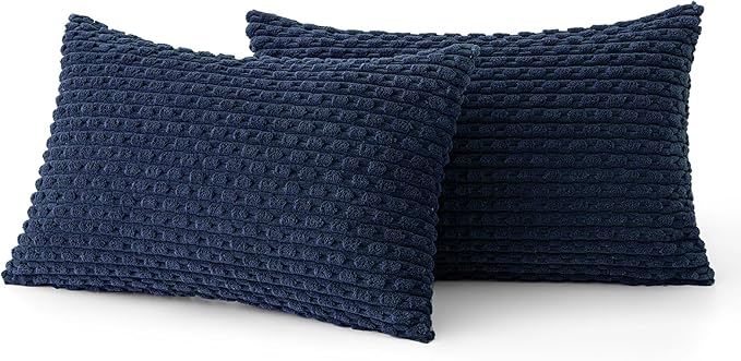 MIULEE Pack of 2 Decorative Lumbar Throw Pillow Covers 12x20 Inch Soft Boho Striped Textured Corduroy Pillow Covers Modern Farmhouse Home Decor for Couch Bed Sofa Living Room Navy Blue