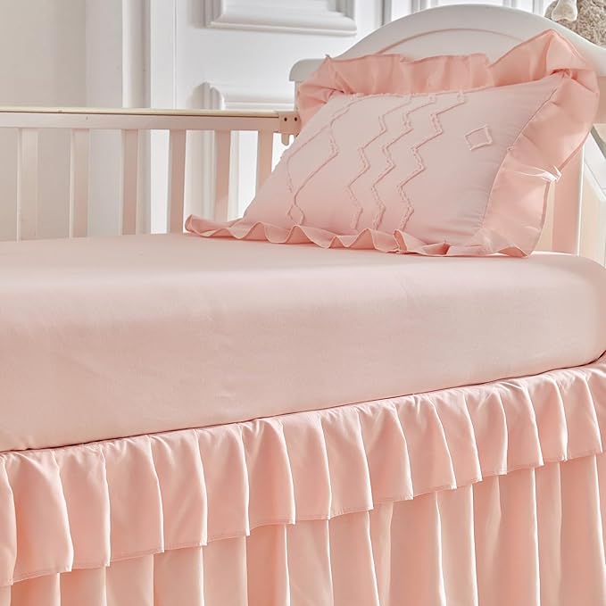 AIKASY The Ruffled Shabby Crib Bedding Set for Girls, Baby Quilted Comforter with Fitted Sheet, Bed Skirt, and Pillowcase(Coral Pink)