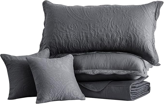 Oversized King Bedspread, Ultrasonic Lightweight Bedding Cover, Paisley Pattern, Reversible, 5 Piece, 100% Microfiber, Dark Grey