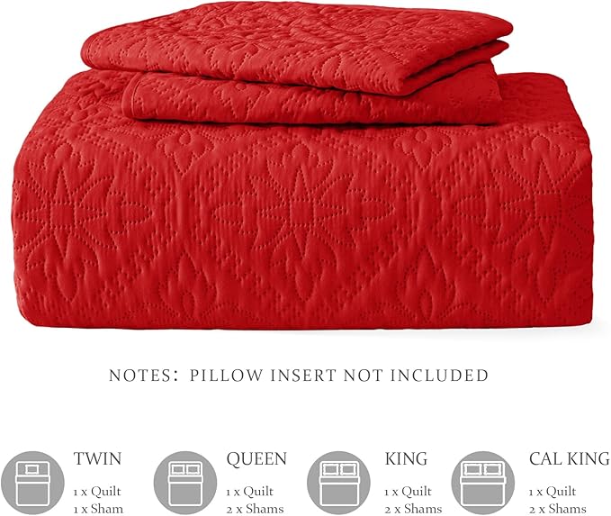 Exclusivo Mezcla King Quilt Bedding Set, Lightweight Soft Bedspreads Coverlets with 2 Pillow Shams, Modern Red Oversized Quilts King Size for All Seasons