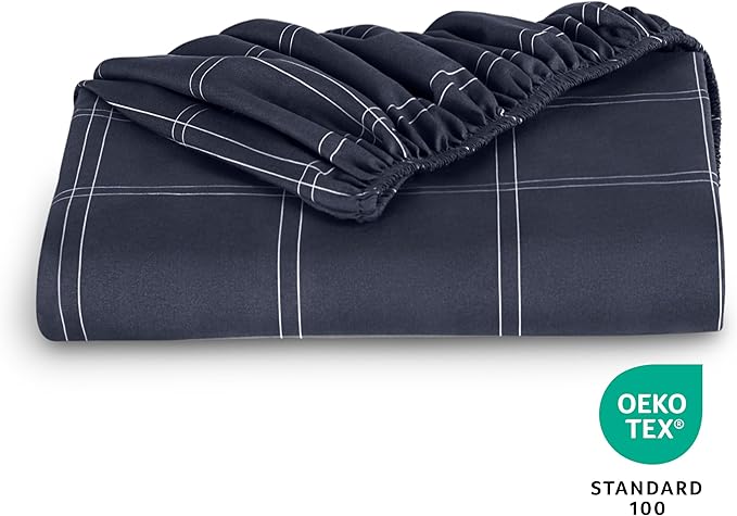 Fitted Bottom Sheet Full Size - Premium 1800 Microfiber - Ultra-Soft Hotel Luxury - Deep Pocket - Durable and Long Lasting - Fitted Sheet (Full, Modern Plaid - Midnight Blue/White)