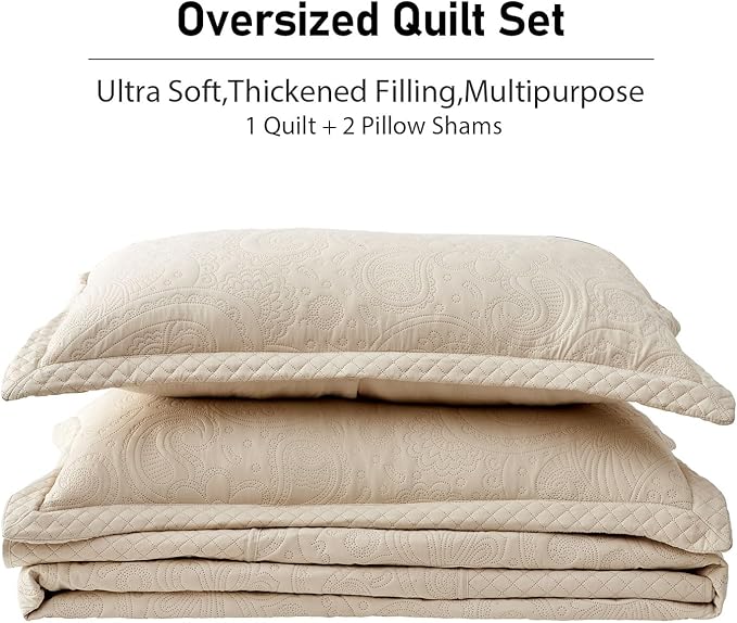 Qucover Oversized King Bedspreads 128x120, Soft Microfiber Ultrasonic Quilting Paisley Pattern California King Quilt Sets Oversized, 3 Piece Oversized Coverlet Bedding, Beige
