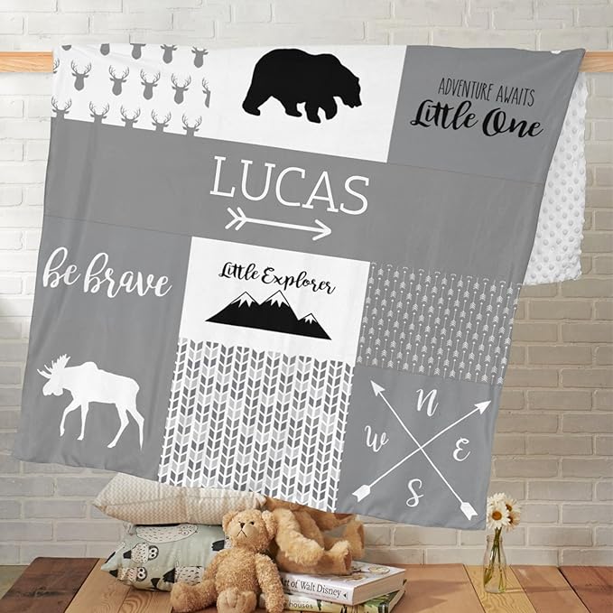Personalized Baby Blanket for Boys, 35x45 Inches Soft Double Layer Baby Blankets with Dotted Backing, Receiving Blanket Bed Throws for Newborn, Infant, Babies, Bear, Frost Gray