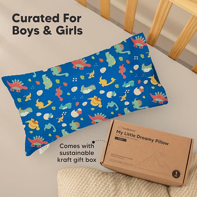 Toddler Pillow with Pillowcase - 10x18 My Little Dreamy Kids Travel Bed Pillows for Sleeping, Organic Cotton Small Pillowcase, Soft & Breathable, Machine Washable, Toddlers 2-5 years old (DinoWorld)