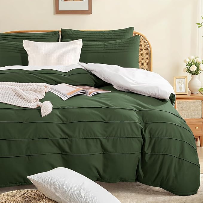 NEXHOME PRO 100% Organic Cotton Duvet Cover Full,Linen Like Pleated Textured Olive Green Duvet Cover Set,3pc Bedding Set with Zipper Closure, Soft,Lightweight and Breathable (80"x90", No Comforter)