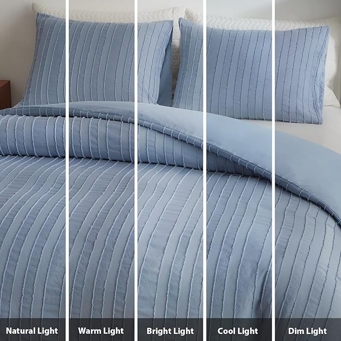 WARMDERN Blue Boho Duvet Cover Set Full Size, Striped Textured Duvet Cover Tufted Bedding Set, 3 Pcs Ultra Soft Washed Microfiber Duvet Cover with Zipper Closure (Full, Blue)