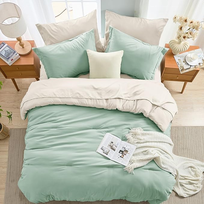 MUXHOMO 7 Pieces Queen Comforter Set, Soft Bed in a Bag Queen Size, All Season Bedding Set with Comforter, Flat Sheet, Fitted Sheet, Pillowcases & Shams, Sage Green & Beige