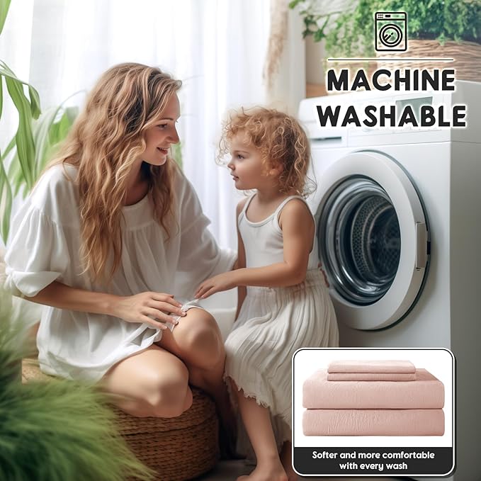 SONORO KATE 100% French Pure Linen Sheets, Breathable and Durable Linen King Size Sheets, Anti-Tear Linen Bed Sheets, Machine Washable, 16 Inch Deep Pocket - 4 Piece (Pink, King)