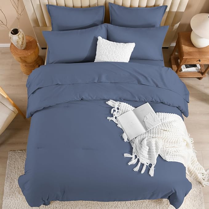 Litanika King Size Comforter Set Bluish Grey - 7 Pieces Bed in a Bag King Bedding Comforter Sets, Solid Lightweight Bed Set with Comforter, Sheets, Pillowcases & Shams