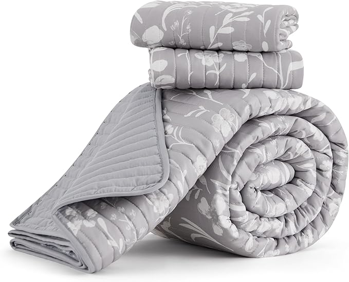 Bedsure Floral Quilt Queen Size - Reversible Frost Grey Botanical Quilt Bedding, Lightweight Bedspread, Soft Microfiber Coverlet for All Seasons (90"x96")
