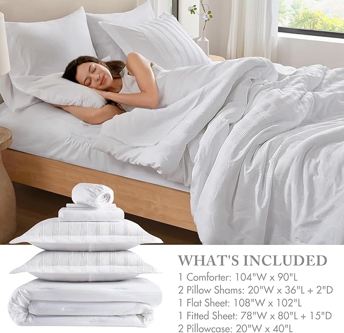 Madison Park Essentials Striped Comforter Set King, 7 Pieces Modern Minimalist Jacquard Bedding Set for All Season, Bed in A Bag with Sheet Set and Soft Brushed Reverse, Lightweight White