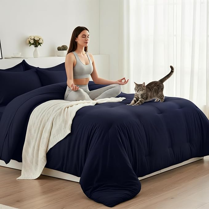 King Size Comforter Set 7 Pieces - Soft Bed in a Bag King Bed Set, Cozy Luxury Bedding Sets with All Season Comforter, Flat Sheet, Fitted Sheet, 2 Pillowcases & 2 Shams, Navy Blue