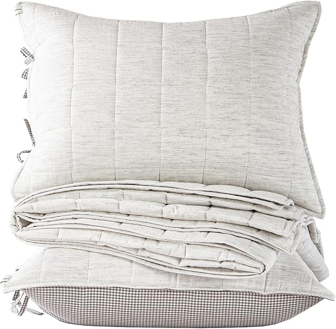 White Quilt King Size, Cotton Linen King Size Quilt Set,3-Pieces Bed Spreads with Grey Plaid Coverlet Lightweight Comforter with 2 Pillow Shams