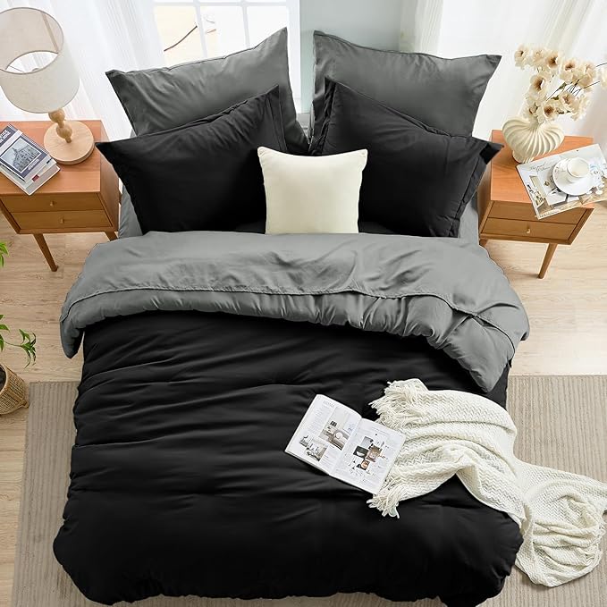 MUXHOMO 7 Pieces King Comforter Set, Soft Bed in a Bag King Size, All Season Bedding Set with Comforter, Flat Sheet, Fitted Sheet, Pillowcases & Shams, Black & Grey