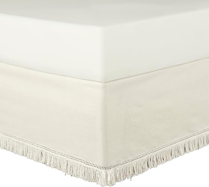 Lush Decor Boho Fringe 15-Inch Tailored Drop Easy Fit Bed Skirt Queen Size Single 60" W x 80" L +15" White - Queen Bed Skirt - Wrap Around Bed Skirt