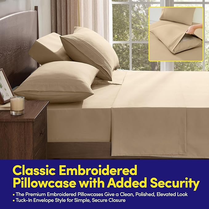 Split Head King Sheets Set for Adjustable Beds 4 Piece Flex Top Bed Sheets โ Deep Pocket Split Top Fitted Sheet with Built-in Corner Straps, Luxury Soft Cooling Bedding, Wrinkle Resistant, Beige