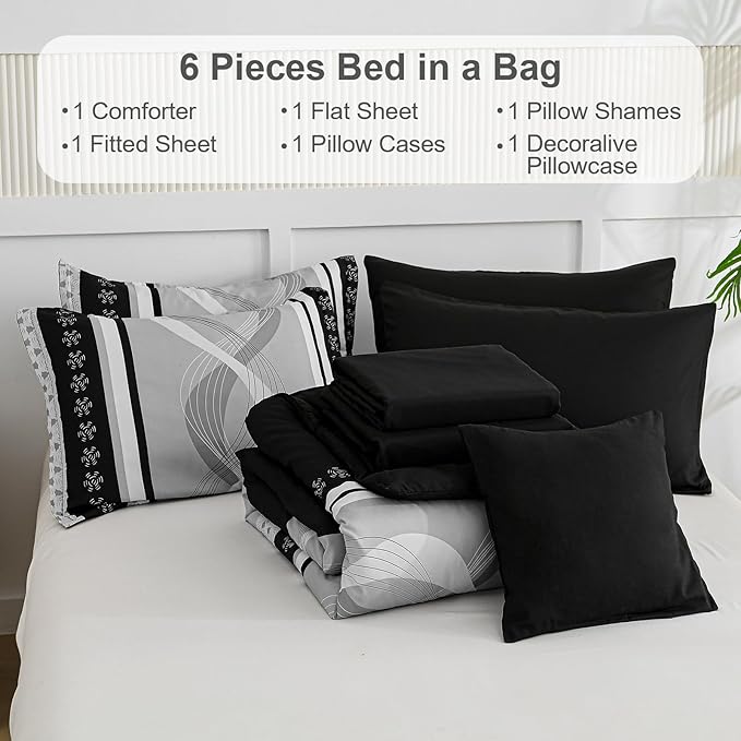 Anibedding Black Comforter Set Twin Size,6 Pieces Boho Bed in a Bag Patchwork Striped Comforter Set,Soft Microfiber Bedding Set for All Season(86"x68")