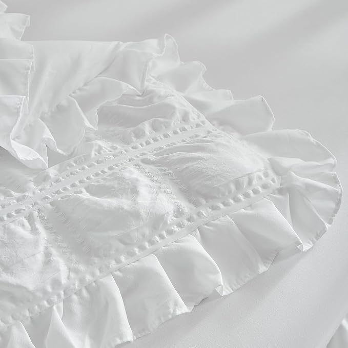 Ruffled Crib Bedding Set Baby Boho Quilted Comforter with Fitted Sheet and Bed Skirt - Cute Soft Breathable Seersucker Ruffled Shabby Chic Bedding Soft Blanket Design - White