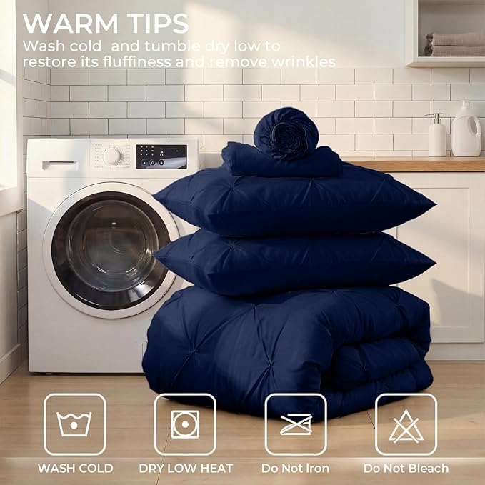 Sasttie Twin Comforter Set, 5-Piece Bed in a Bag, Pintuck Bedding Sets for All Season, Includes Comforter, Flat Sheet, Fitted Sheet, Pillowcase and Pillowsham, Navy