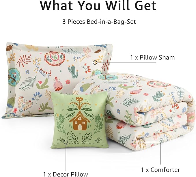 Twin Comforter Set for Girls-3 Pieces Forest Friends Twin Bedding Sets for Kids,1 Comforter,1 Sham and 1 Decor Pillow
