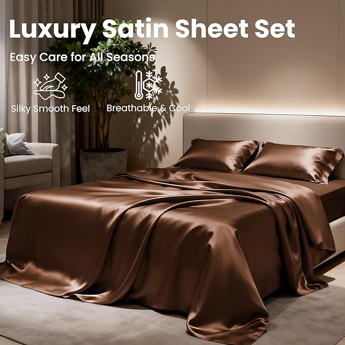 Love's cabin Satin King Sheet Sets - 4 Piece Brown Silky Sheets King Size Bed with Deep Pocket, Luxury Silk Feel King Size Satin Sheet Set (1 Flat Sheet,1 Fitted Sheet,2 Pillow Cases)
