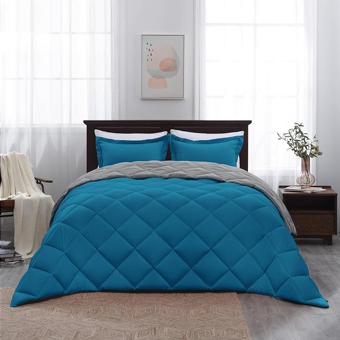 Basic Beyond King Size Comforter Set - Blue Comforter Set King, Reversible King Bed Comforter Set for All Seasons, Algiers Blue/Charcoal
