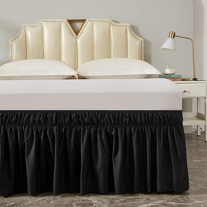 MEILA Wrap Around Bed Skirt Three Fabric Sides Elastic Dust Ruffled 16 Inch Tailored Drop,Easy to Install Fade Resistant-Black, Twin/Full
