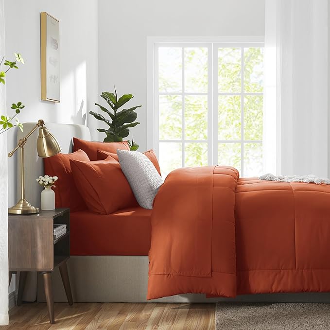 CozyLux Full Size Comforter Sets Terracotta, 7 Pieces Bed in a Bag, Burnt Orange Fall Comforter Full Size, All Season Bedding Sets with Stitch Quilted Comforter, Flat Sheet, Fitted Sheet, Pillowcases