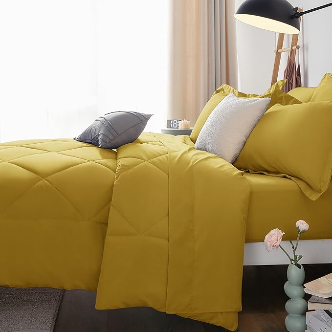 CozyLux King Size Comforter Set Mustard Yellow - 7 Pieces Bed in a Bag King, Luxury Soft Bed Set for All Seasons, Bedding Set with Down Alternative Comforter, Sheets, Pillowcases & Shams