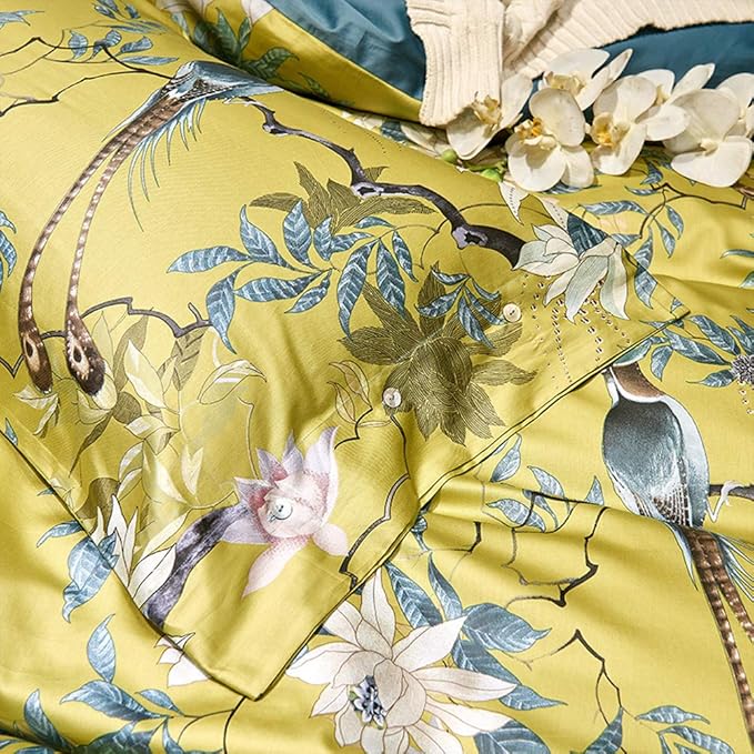 mixinni Bird Duvet Cover Twin XL Garden Floral Duvet Cover Cotton Flowers on Yellow Bedding Set Girls Bedding Comforter Cover for Teen Girls 1 Duvet Cover with 2 Pillowcases-Twin XL Size