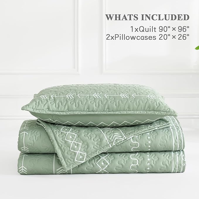 Andency Sage Green Quilts Queen Size, 3 Pieces Queen Quilt Bedding Set Boho Lightweight Soft Striped Bedspread for All Season (90"x96"), Printed Bohemian Microfiber Reversible Coverlet Comoforter Sets