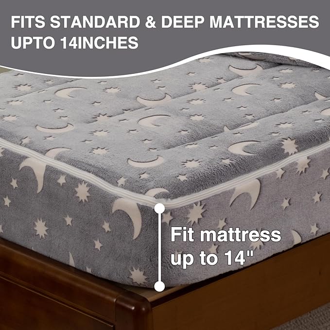 A Nice Night Star Moon Plush Zippered Comforter Set Zipper Bedding Glow in The Dark for Child, Twin,Grey