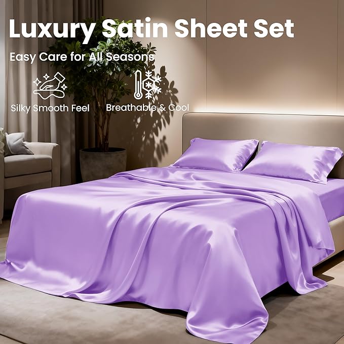 Love's cabin Full Size Satin Sheet Sets - 4 Piece Lavender Silky Sheet Set with Deep Pocket, Luxury Silk Feel Satin Sheets Full Bedding Set (1 Flat Sheet,1 Fitted Sheet,2 Pillow Cases)