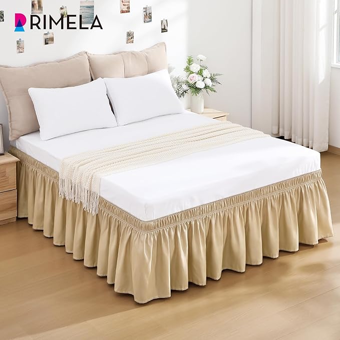 RIMELA Beige Bed Skirt Queen Size 18 Inch Drop, Wrap Around Elastic Bedskirt, Dust Ruffle for Adjustable Bed Base Machine Washable Easy to Install Bed Skirts