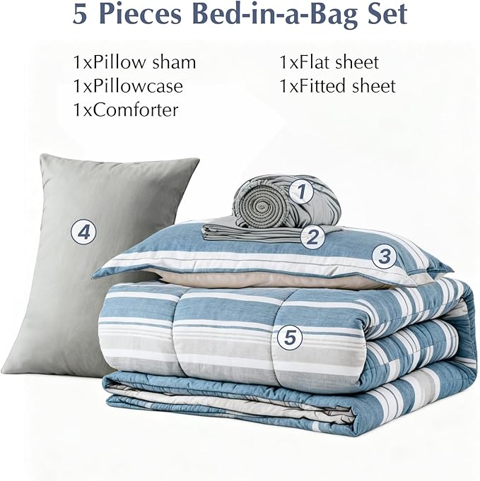 Twin XL Comforter Set Striped, Royal Blue Bedding Set 5 Pieces for Boys Girls Teen, All Season Bed in a Bag for Dorm with Sheets, Pillowcase & Sham