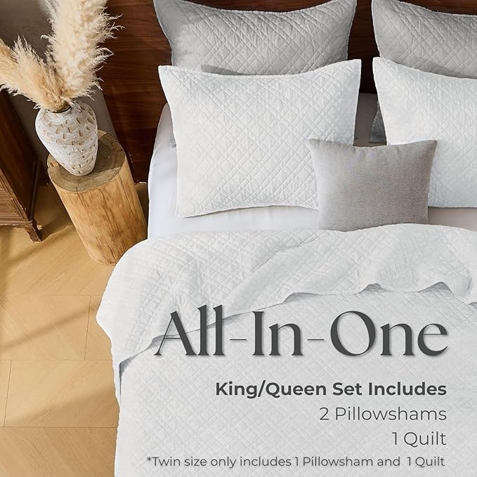 DOWN HOME Twin Quilt Set with Sham Lightweight Quilted Bedspread Coverlet Thin Comforter Bed Cover Vintage Washed Quilted Blanket for All Season, Brushed Microfiber Diamond Stitching, White, 66"x92"