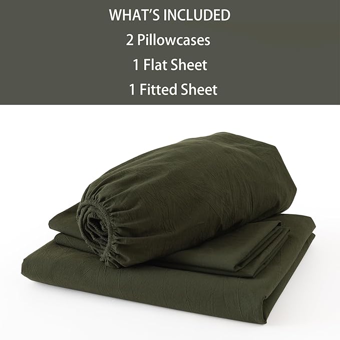 JIYUAN 100% Washed Cotton Sheet Set 4 Pieces King,1 Fitted Sheet,1 Flat Sheet and 2 Pillowcases,Comfy and Breathable Linen Like Bedding Set,Olive Green