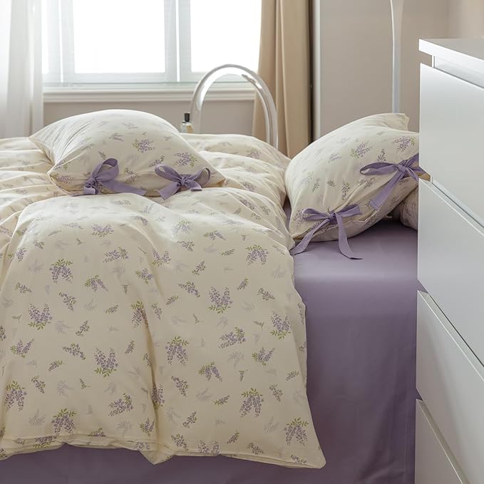 HighBuy Garden Floral Duvet Cover Twin XL with 2 Bowknot Bow Tie Pillowcases Coquette Aesthetic Comforter Cover Soft Cotton 3 Piece Botanical Boho Duvet Cover with Purple Flowers Bedding Set